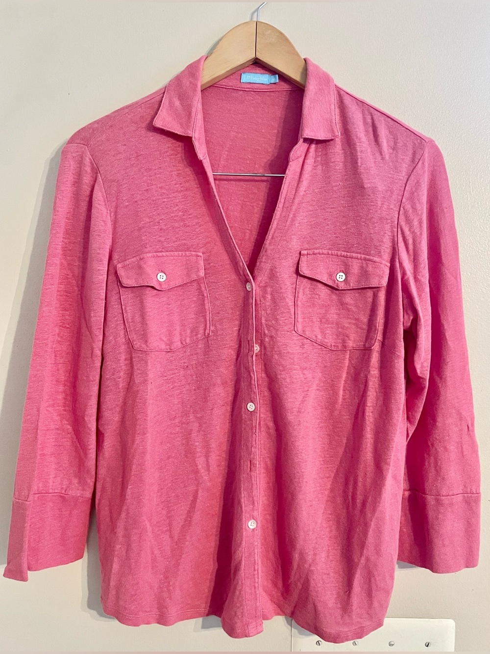 J McLaughlin Women's Brynn Linen Pink Button-Down Shirt Chest Pockets Sz M- EUC - Picture 2 of 11